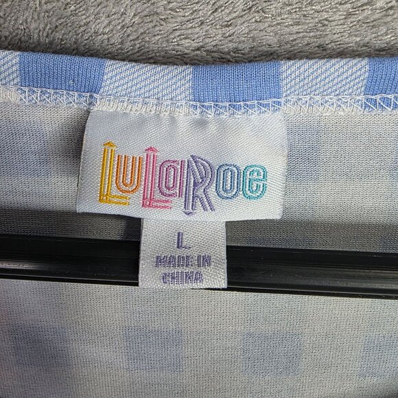 Womens LuLaRoe Blue & White Gingham Top Short Sleeve Polyester Spandex Size L - Picture 3 of 8